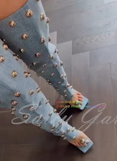 Rivets en métal doré embellissement botte à talons hauts femmes Denim bout carré talon aiguille dos fermeture éclair tongs cuissardes