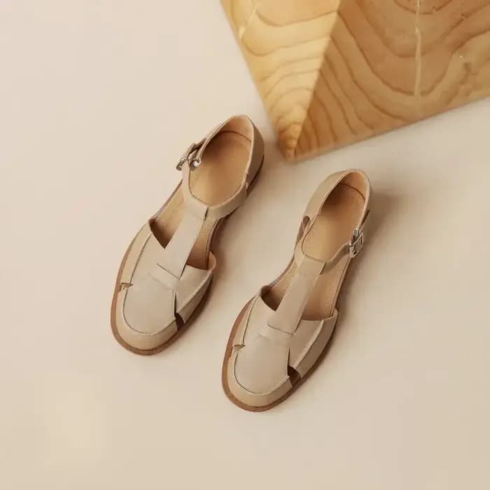 Sandales d'été 2023 en cuir de vachette à bout rond pour femme