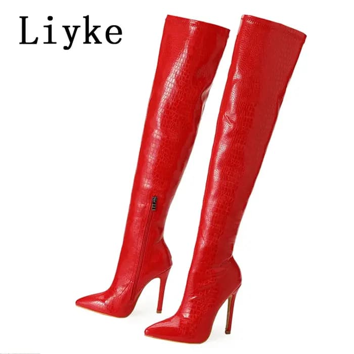 Liyke – bottes en cuir imprimé serpent rouge Sexy pour femmes