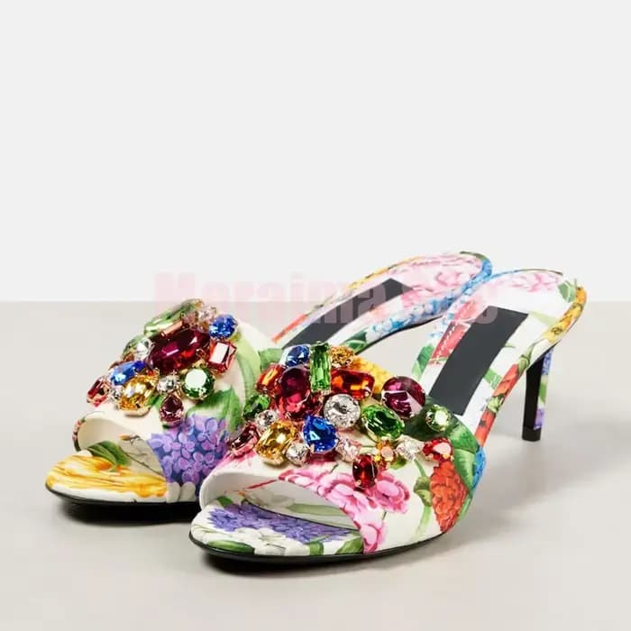 Mules de luxe en cristal scintillant, couleurs mélangées, bout rond ouvert, talon aiguille moyen, sexy et tendance, pour femmes, parfaites pour l'été et les banquets 2026