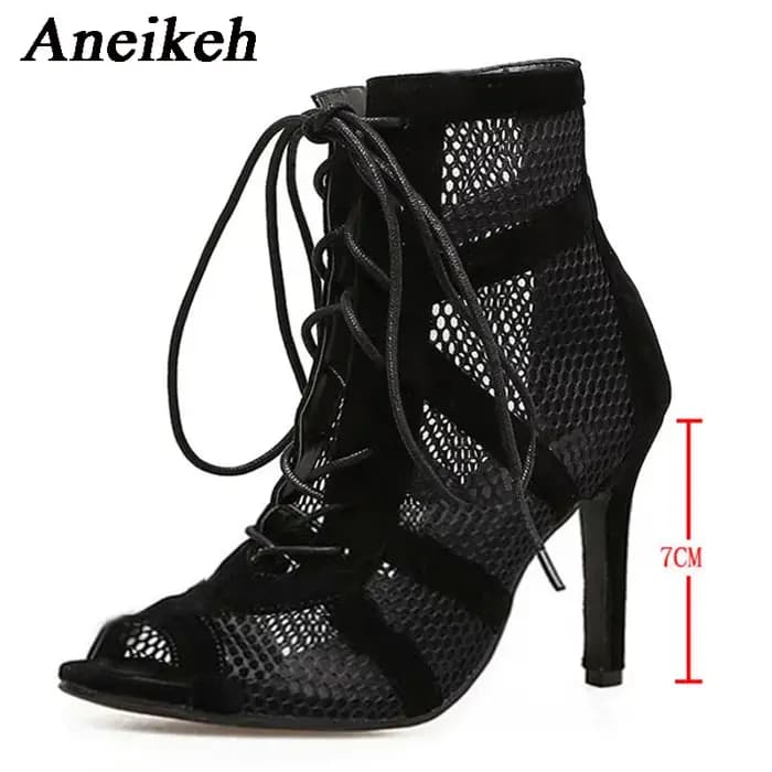 Aneikeh 7CM talon moyen danse évider bride à la cheville sandales bottes 2025 mode été à lacets croisé Peep orteil dame chaussures