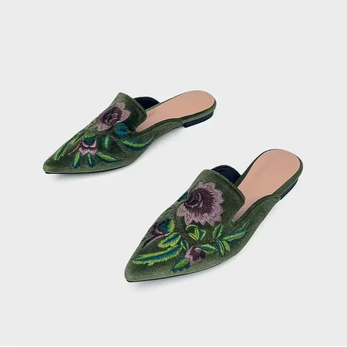 Velours broderie fleur Mules Femme chaussures élégantes pointu bout fermé pantoufles sans lacet chaussures plates diapositives Femmes Pantuflas Sandalias