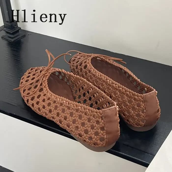 Hlieny tissé à la main maille talons plats femmes mocassins mode papillon noeud bout rond décontracté dames chaussures en plein air robe sandales