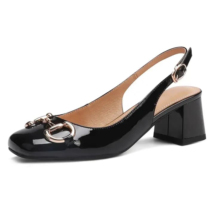MIYA classique boucle en métal femmes en cuir verni pompes bout rond talons épais sans lacet grande taille 34-43