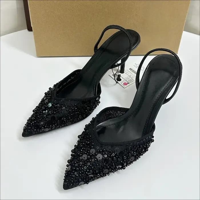 Chaussures de soirée élégantes à talons hauts pour femmes, paillettes scintillantes, perles, maille, Design de marque, sandales de luxe pour dames de bureau, été 2025