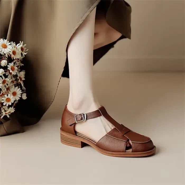 Sandales d'Été Rondes en Cuir de Vache pour Femme