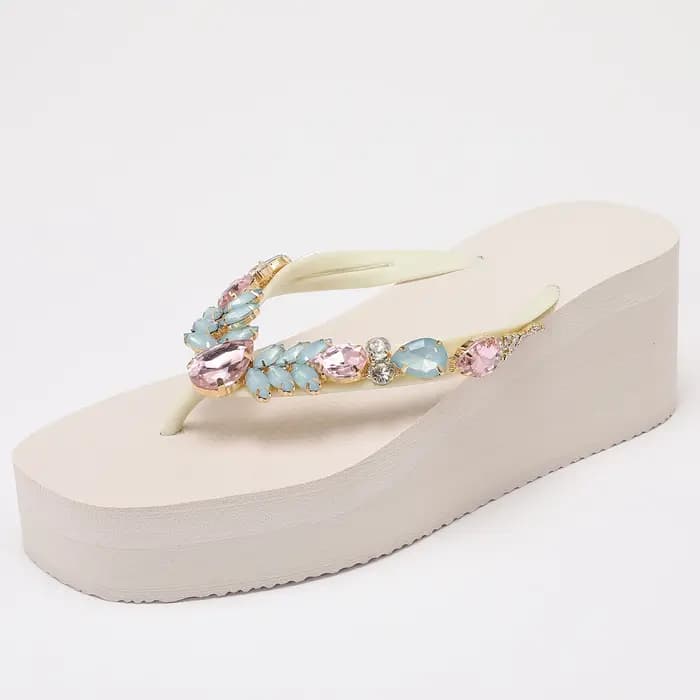 Tongs à talon compensé pour femmes - Sandales plateforme rose blush avec embellissements en cristal Chaussures d'été élégantes
