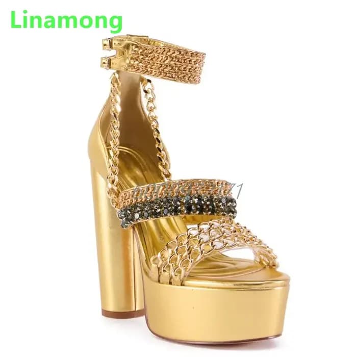 Sandales à talons carrés et plateforme dorée pour femmes