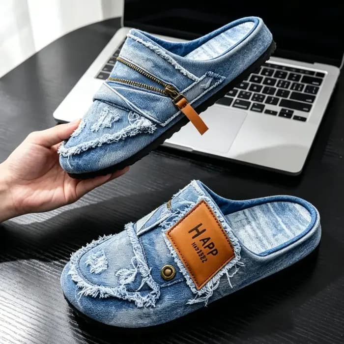 Mules en denim bleu clair avec bords effilochés