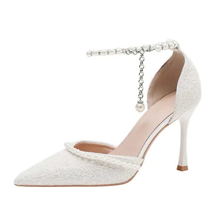 Perles sangle chaussures à talons hauts femmes été avec talon mince et Surface en dentelle bout pointu chaussures De mariée De mariage Bombas De Mujeres