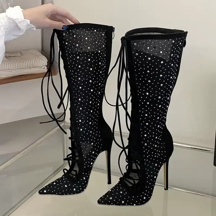 Eilyken Design Bottes hautes sexy pour femme à bout pointu, en maille ajourée, à lacets, à talons ai
