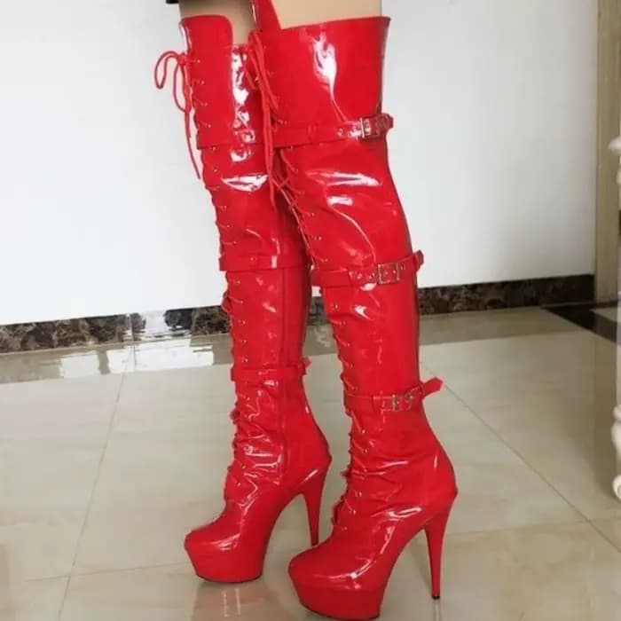 Bottines sexy en cuir verni noir, à hauteur de cuisse, avec fermeture éclair latérale, talons hauts