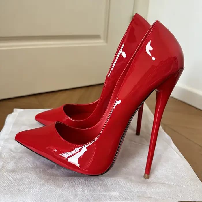 Escarpins à talons aiguilles super hauts de 16 cm, unisexes, en cuir verni noir, à bout pointu, parf