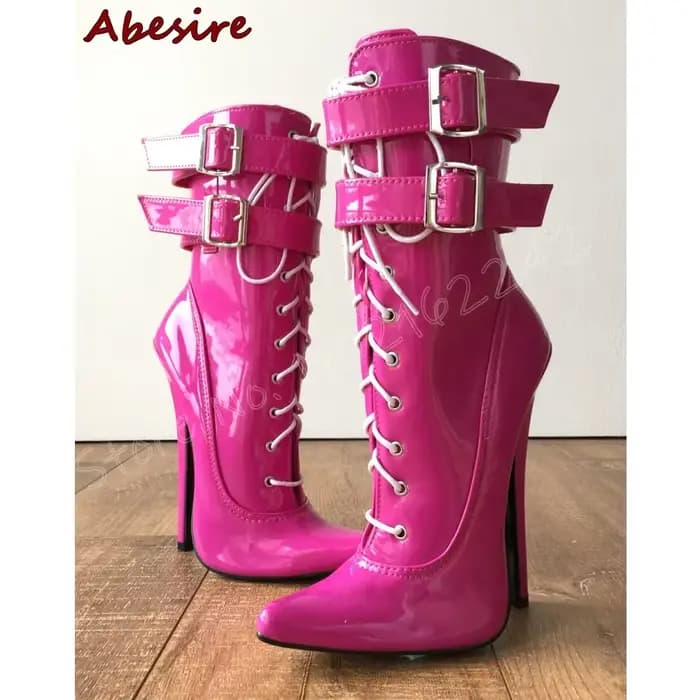 Bottines à talons Super hauts Rose rouge, bout rond, boucle de ceinture aiguille, bottes à la mode p