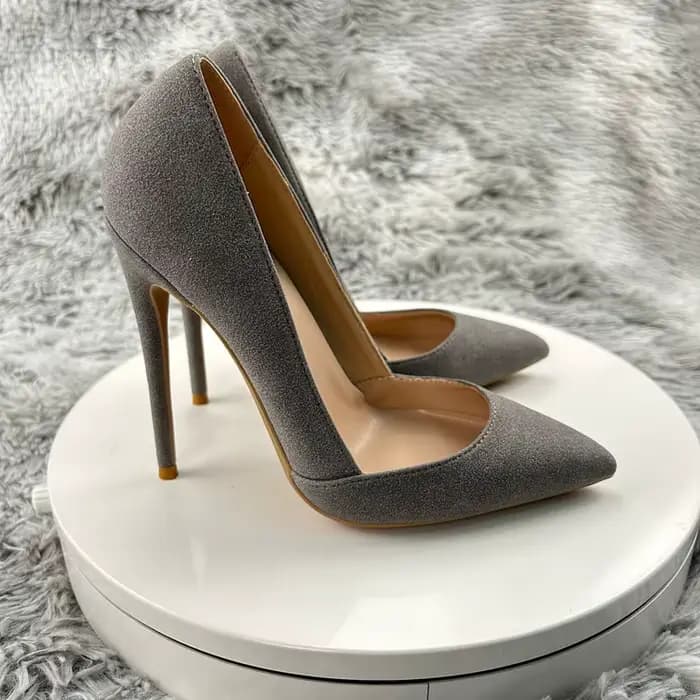 Escarpins à talons aiguilles en daim gris pour femmes, chaussures de soirée pointues, magnifique clo