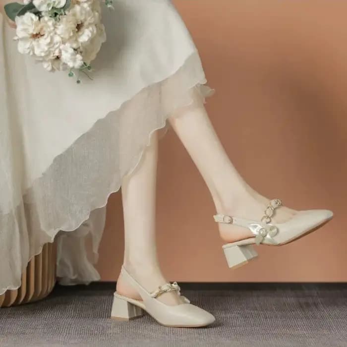 Sandales Mary Jane de style français pour femmes - Décoration perles et nœuds, bout carré, talon carré, bride arrière, confortables pour le quotidien et le bureau