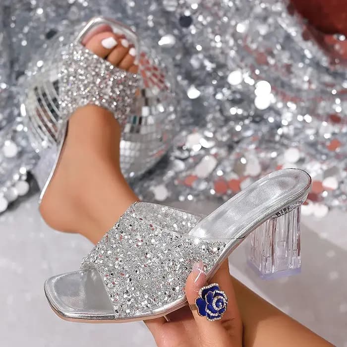 Paillettes brillantes pantoufles à talons hauts pour femmes mode d'été bout carré sandales à talons transparents femme or argent paillettes diapositives