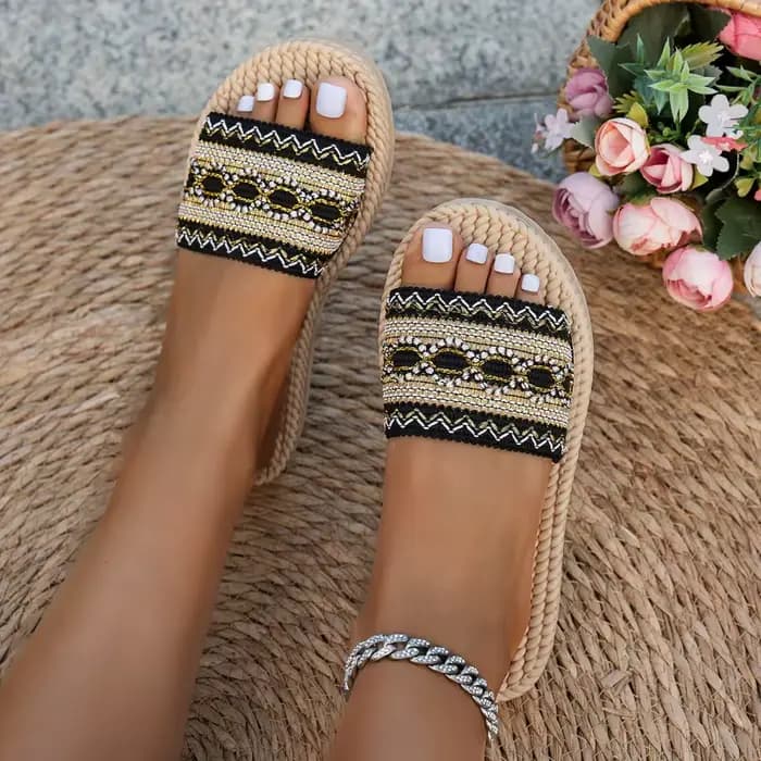 Sandales plates d'extérieur pour femmes, style bohème ethnique, grandes tailles, tendance 2026, avec pompons, pour la plage, Zapatos De Mujer