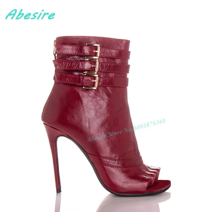 Bottines en cuir rouge à multiples boucles, bout ouvert, bout fendu, talons aiguilles, pour femmes, style Spicy Girls, pour soirée et défilé de mode