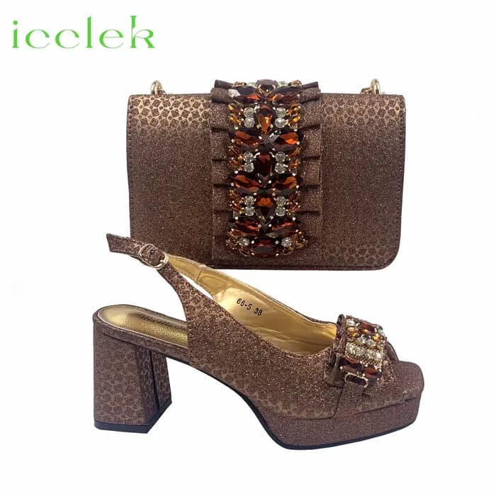 Ensemble de chaussures et de sacs à bout pointu pour femmes, brillant, mode italienne, talon, décora