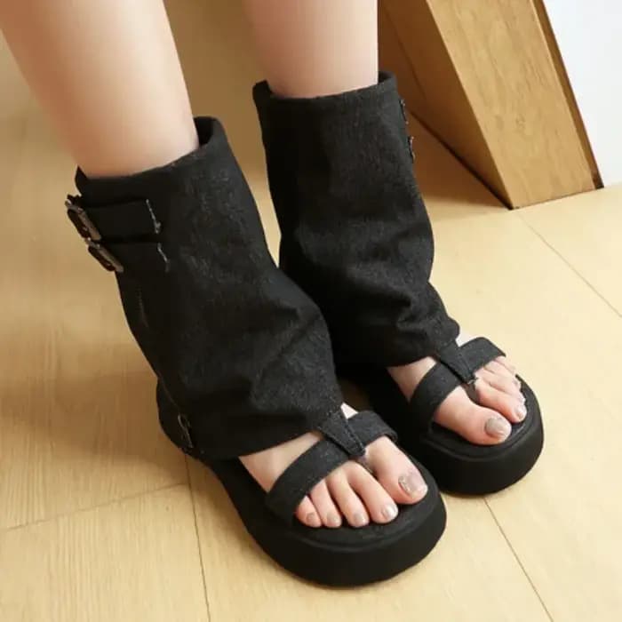 Roman Punk Rock gladiateur sandales femmes Denim bleu chaussures 2025 été grosse plate-forme Creepers string boucle Zip plage 45