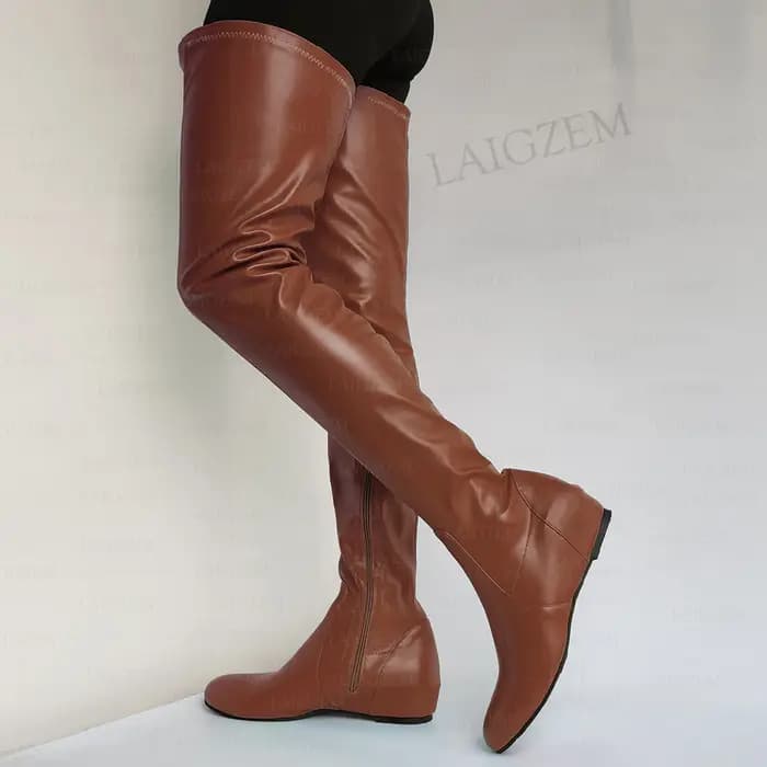 LAIGZEM femmes cuissardes en Faux cuir bout rond fermeture éclair latérale mi talons cachés bottes dames chaussures femm