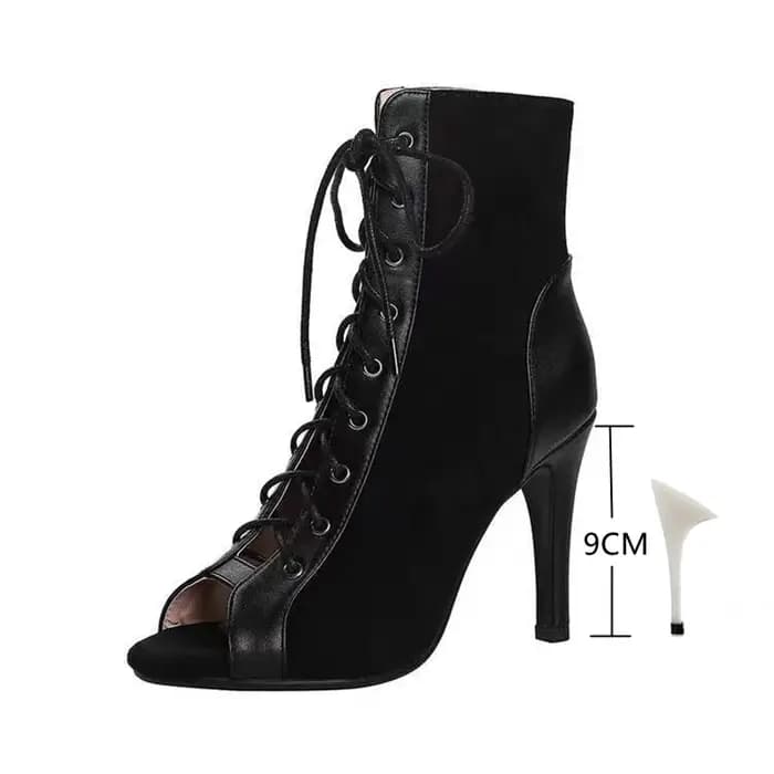 Sandales à lacets talons 9CM chaussures pour femmes été 2024 tendance noir Sexy bottes à bout ouvert mode tissu