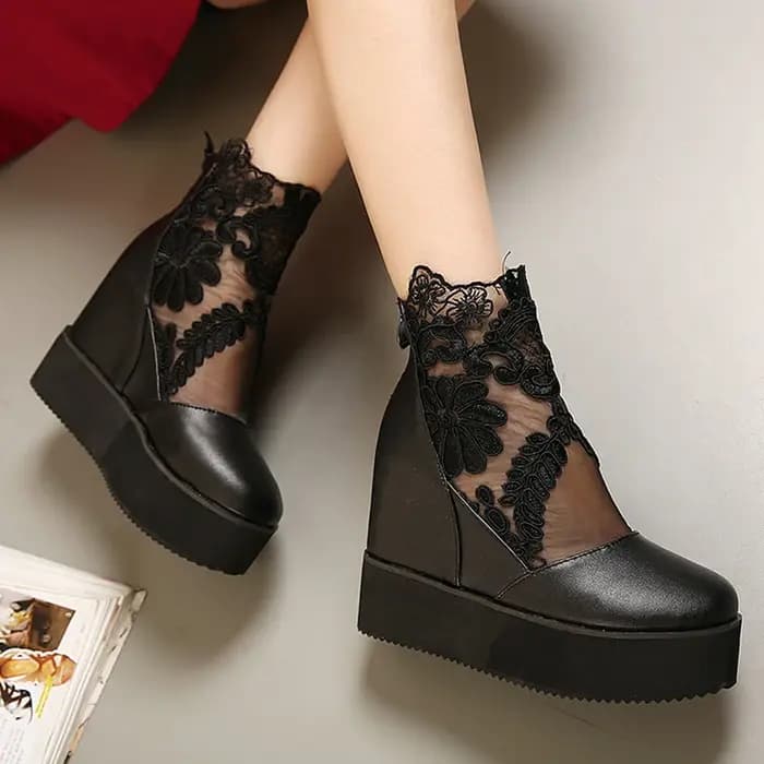 Super talons hauts été dentelle chaussures femme bout rond plate-forme sandales zip ouvert fleur maille compensées botas mujer creepers sandalias
