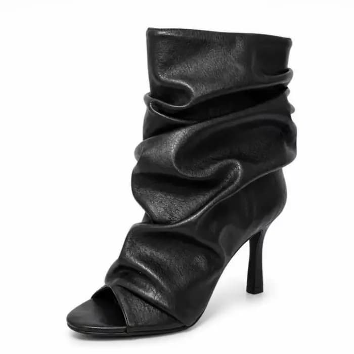 Bottines à talon aiguille plissées et froncées à bout ouvert pour femme 2026 – Bottes tube souples à enfiler à talons hauts – Bottes sandales noires tendance pour soirée