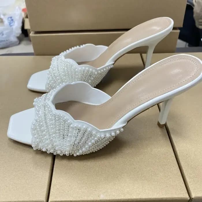 Élégantes sandales mules d'été à talons hauts pour femmes, à bout ouvert, ornées de perles, escarpin