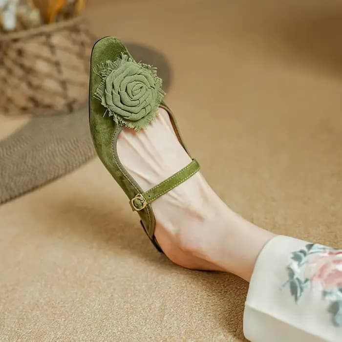 Mules d'été en daim de mouton pour femmes, chaussures en cuir, pantoufles carrées à talons bas, couverture Parker, slingback fleur, sandales vertes, nouveau