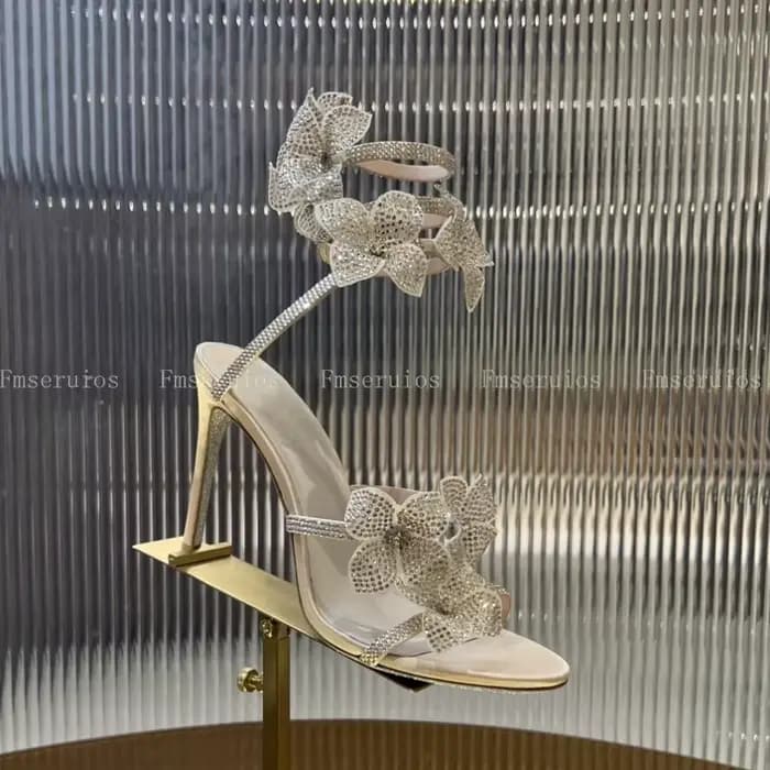 Sandales à talons hauts pour femmes, Sexy, strass en cristal, luxe, ficelle de serpent autour de la