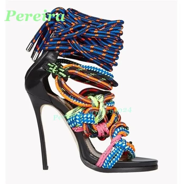 Sandales multicolores à lacets en corde tressée