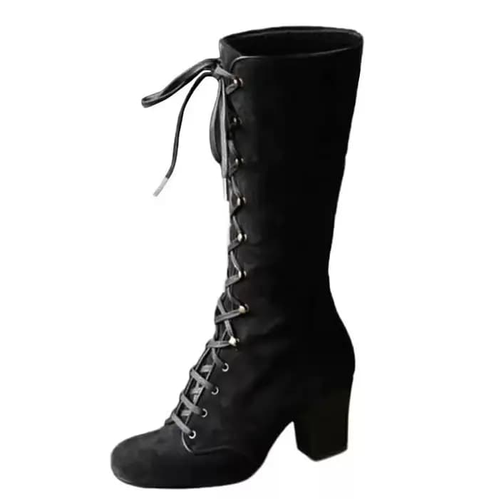 Bottes mi-mollet pour femme, style cavalier, à lacets, talon épais, semelle en caoutchouc, confortab