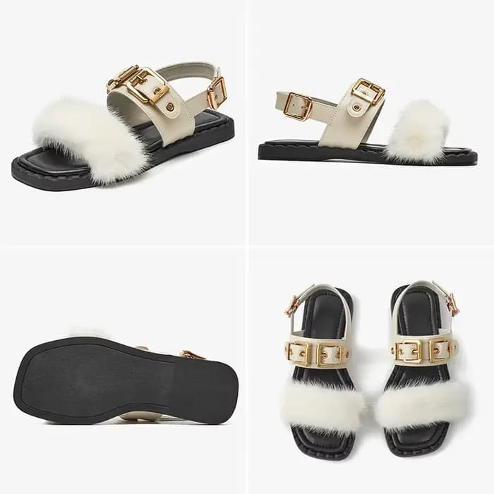 BeauToday-Sandales Plates en Cuir de Vache pour Femme, Chaussures à Fourrure Carrées, Design de Viso