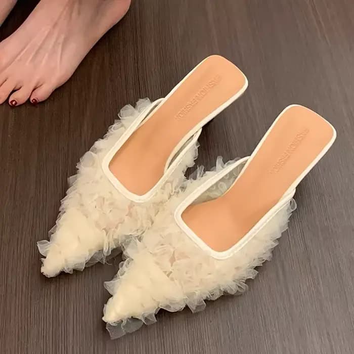 Bout pointu pantoufles à talons femmes Mules élégantes chaussures mi talons sandales 2025 diapositives de mode escarpins d'été nouvelles chaussures de luxe pour femmes