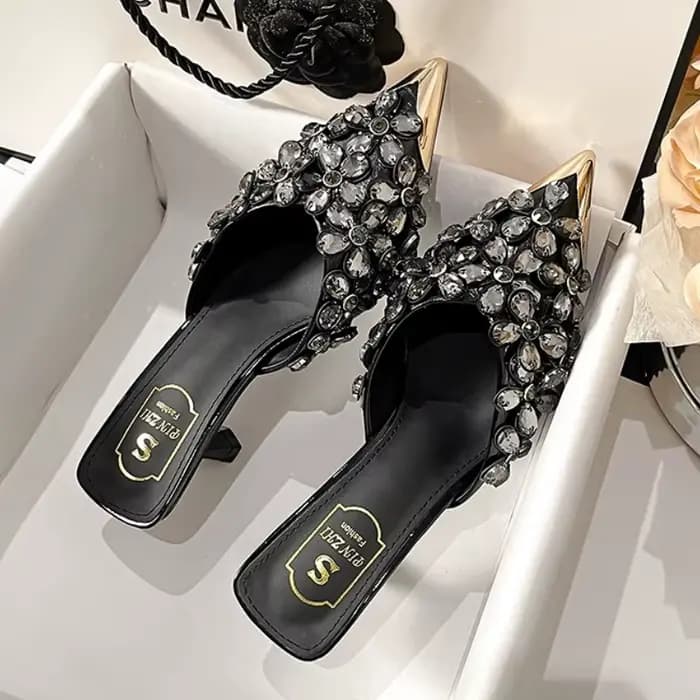 Strass de luxe bout pointu Mules pompes femmes pantoufles été nouvelle mode diapositives concepteur sandales à talons