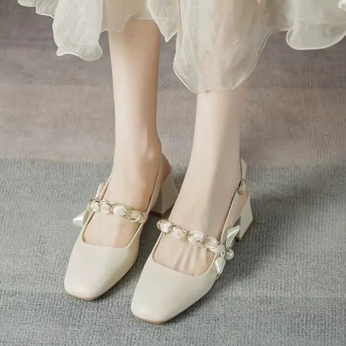 Sandales Mary Jane de style français pour femmes - Décoration perles et nœuds, bout carré, talon carré, bride arrière, confortables pour le quotidien et le bureau