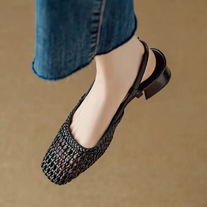 Sandales à talons hauts tissées à bout pointu style français pour femmes, talon épais, en cuir respirant, chaussures d'été tendance