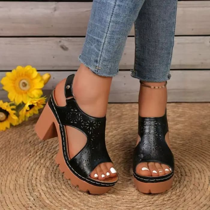 Sandales à plateforme à talon épais pour femme, à découpes florales, semelle crantée, à bride arrière, bout ouvert, style rétro décontracté, confortables pour l'été et la marche
