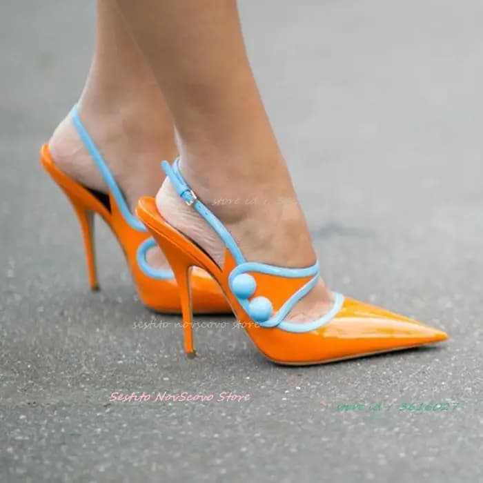 Bout pointu sandales orange talons aiguilles sangles de cou-de-pied boucle escarpins multicolores sangle arrière été Sexy femmes chaussures peu profondes