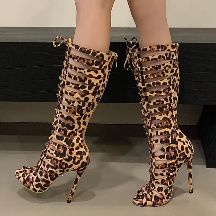 Aneikeh mode évider imprimé léopard concepteur Peep Toe femmes bottes sandales fermeture éclair minc