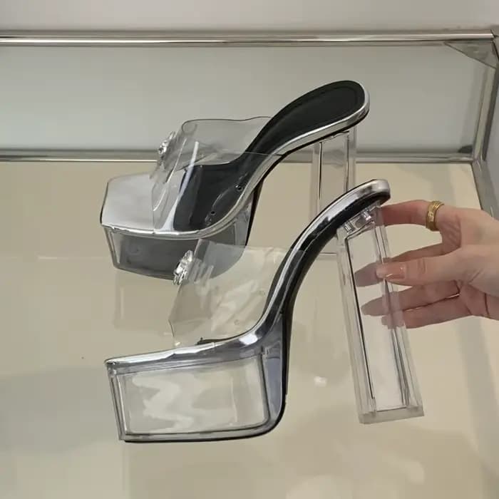 Eilyken-Pantoufles à plateforme en cristal argenté transparent pour femmes, sandales à talons carrés