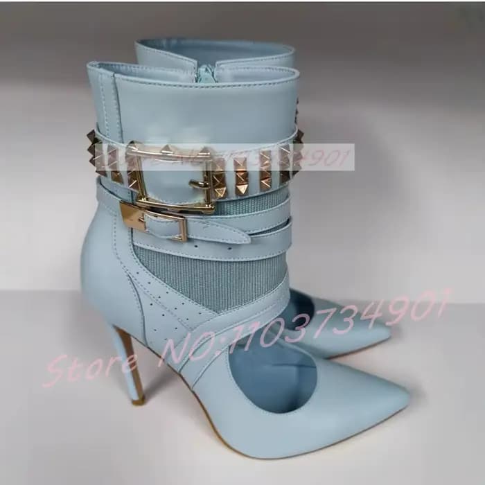 Bottines en cuir bleu pour femmes, sandales découpées avec sangle à boucle cloutée, bout pointu, tal