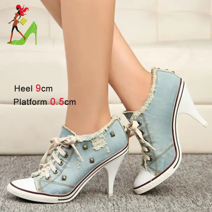 Denim femmes bottes Design Stiletto 9CM chaussures à talons hauts mode dame à lacets pointu bottines Sexy à talons hauts chaussures à talons fins